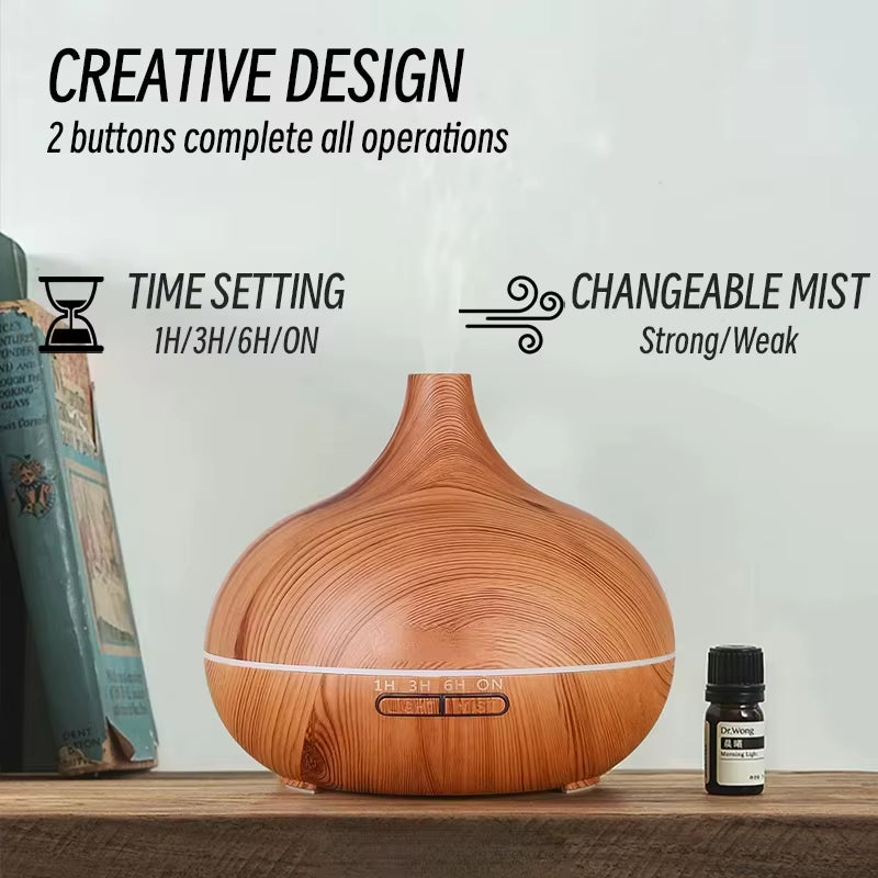 Air Humidifier Aromatherapy Essential Oil Diffuser Wood Grain 500Ml Ultrasonic Remote Control 7 Color Lights for Home Bedroom ﻿