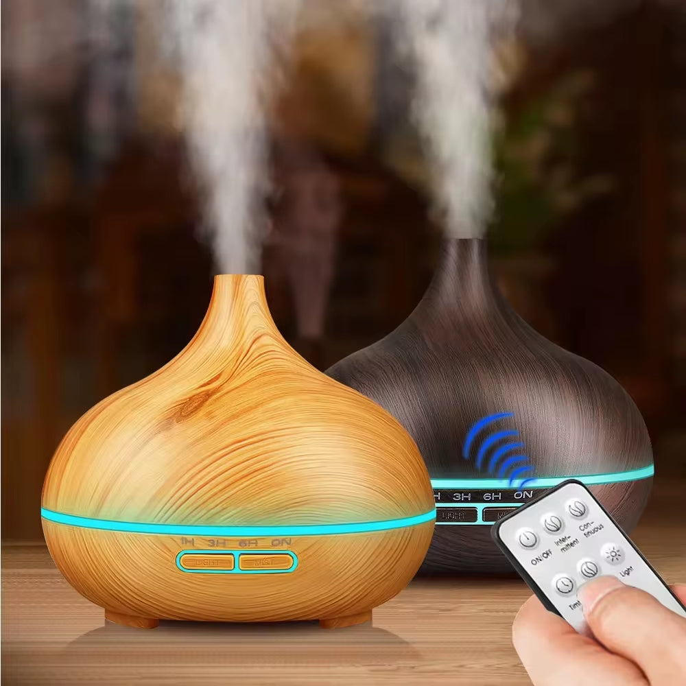 Air Humidifier Aromatherapy Essential Oil Diffuser Wood Grain 500Ml Ultrasonic Remote Control 7 Color Lights for Home Bedroom ﻿